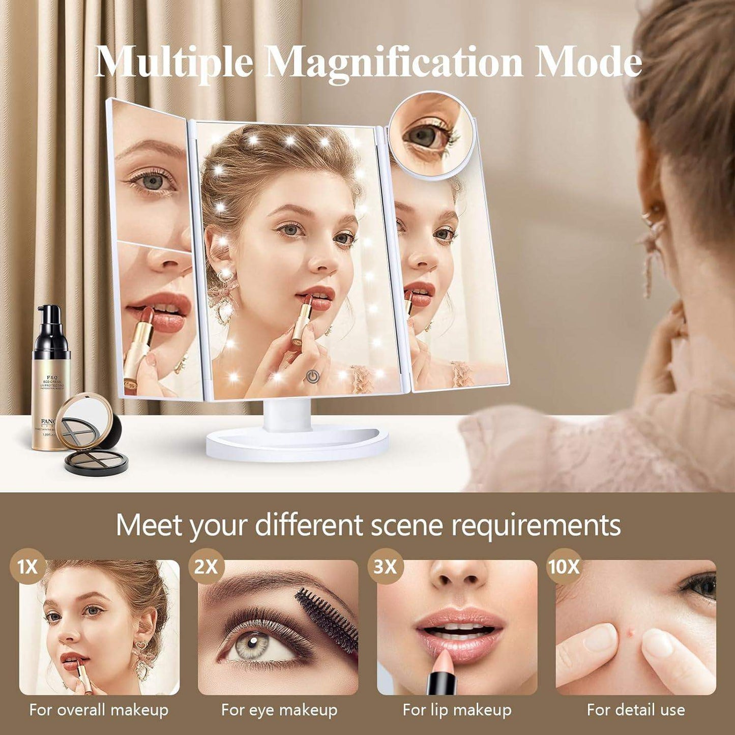 Tri-Fold Led Makeup Mirror With Light