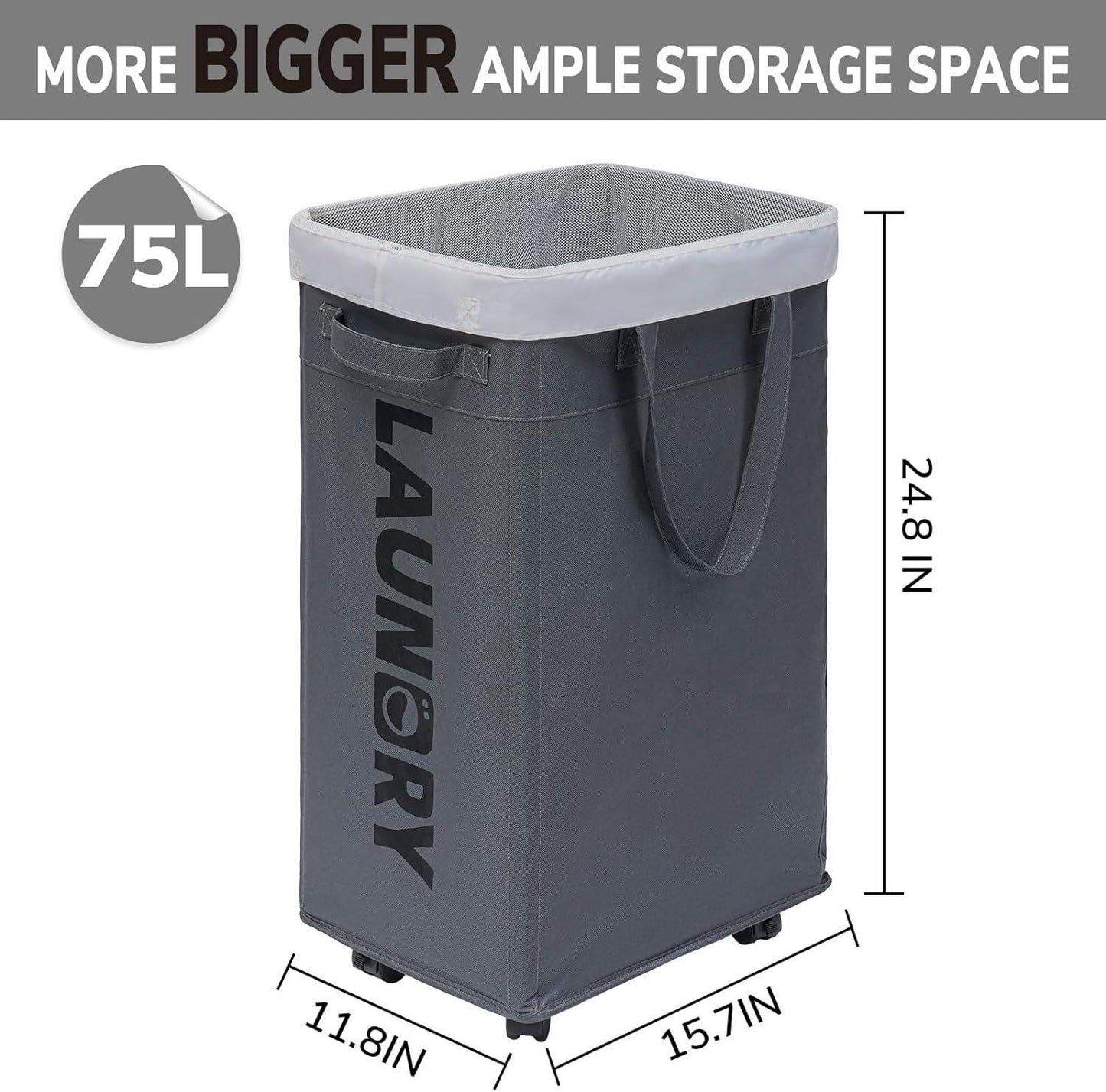 75L Collapsible Large Laundry Basket with Wheels