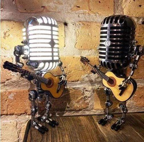 Vintage Metal Microphone Robot With Guitar Lamp