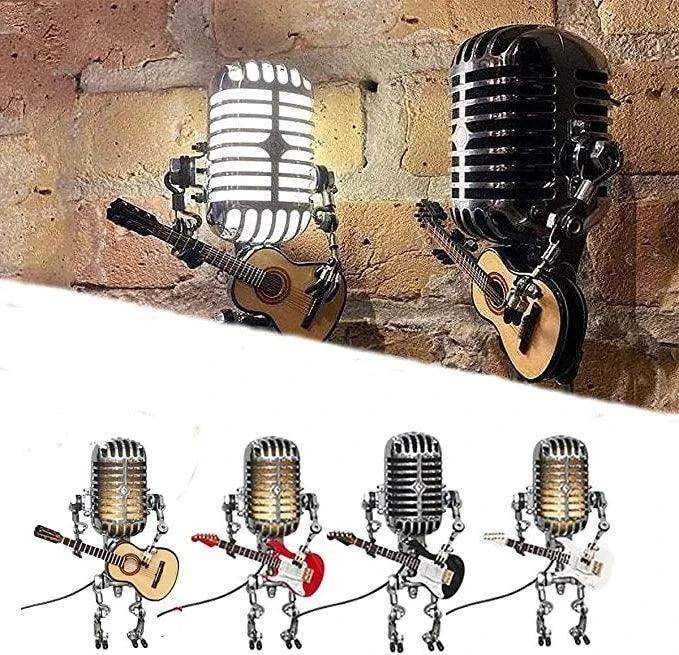 Vintage Metal Microphone Robot With Guitar Lamp