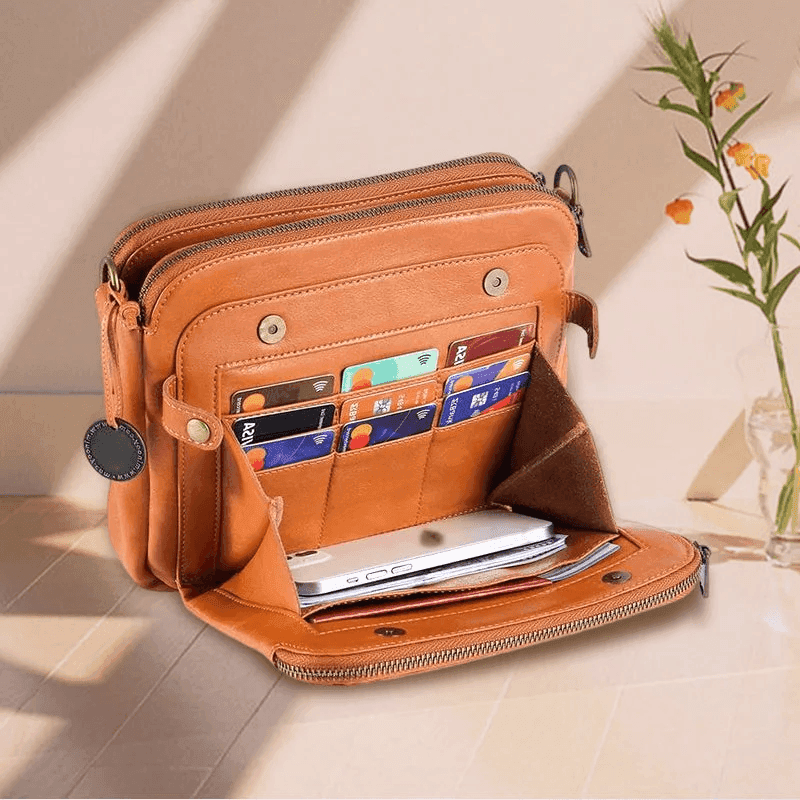 Three-Layer Crossbody Leather Shoulder Bag & Clutch