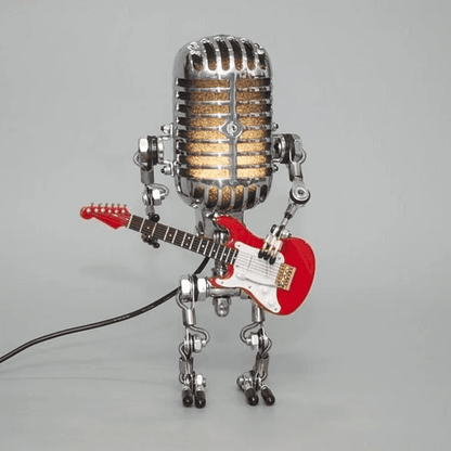 Vintage Metal Microphone Robot With Guitar Lamp