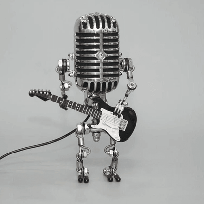 Vintage Metal Microphone Robot With Guitar Lamp