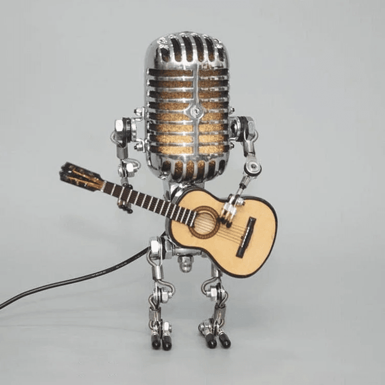 Vintage Metal Microphone Robot With Guitar Lamp