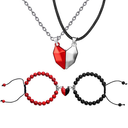 Valentine's Magnetic Heart Couple's Necklace And Bracelet Gift Set